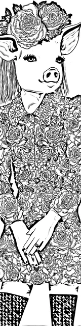 Free colorable bookmarks of a demure pig in fashion styling